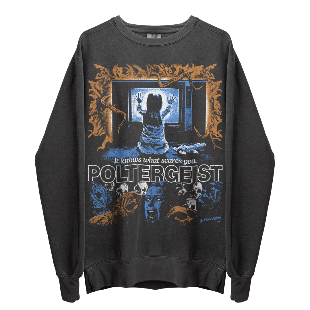 Dark gray long-sleeve graphic sweatshirt with a ’Poltergeist’ movie poster design.