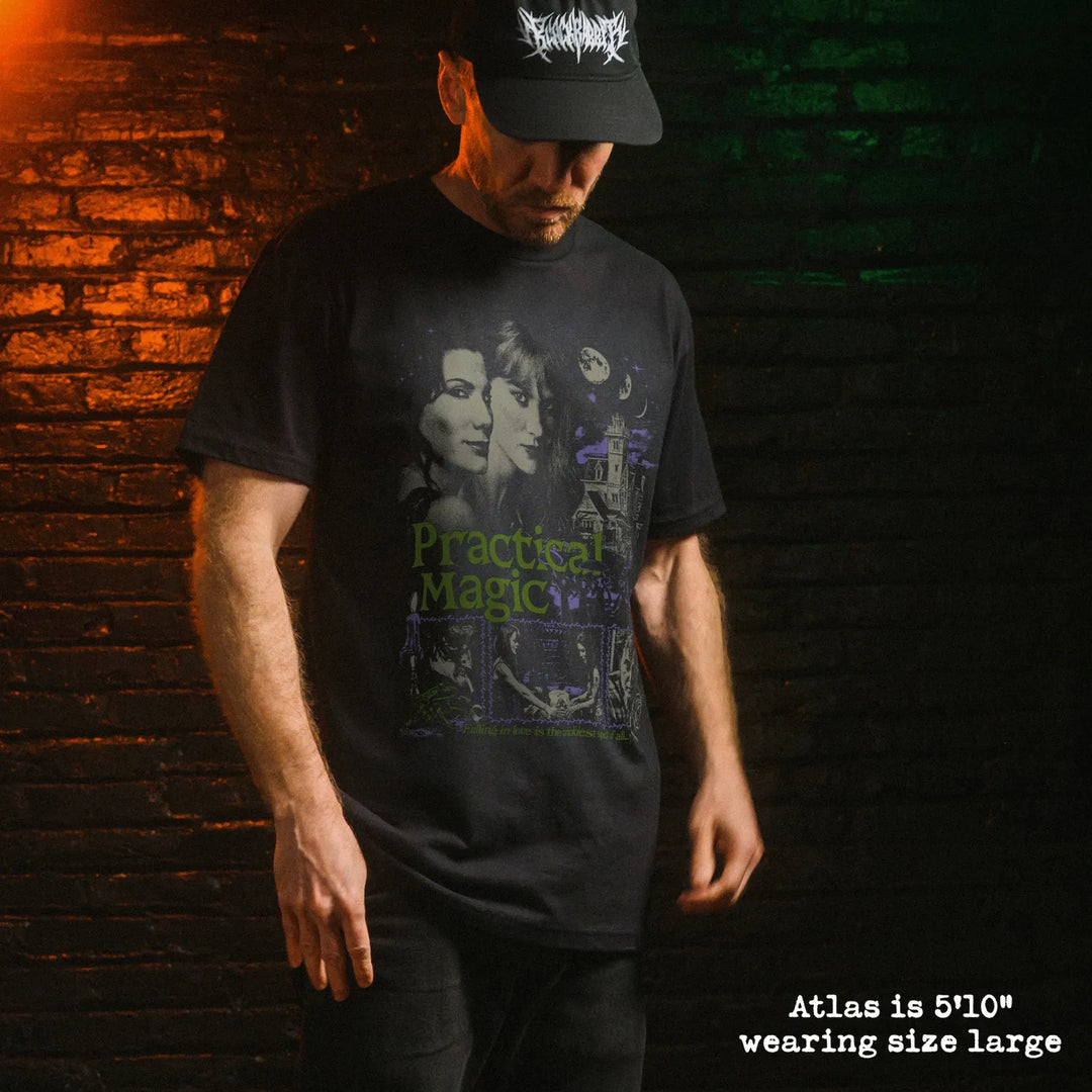 Male model wear soft premium tee with practical magic graphic

