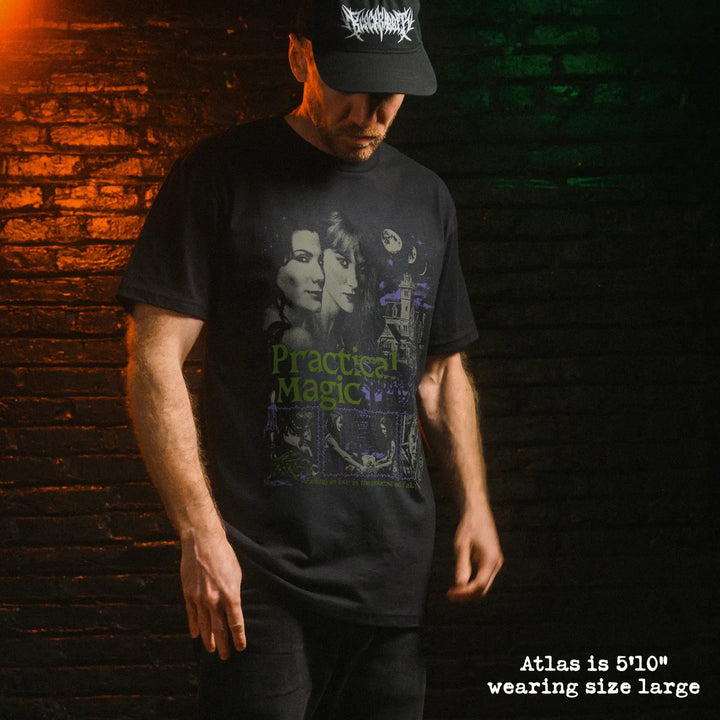 Male model wear soft premium tee with practical magic graphic
