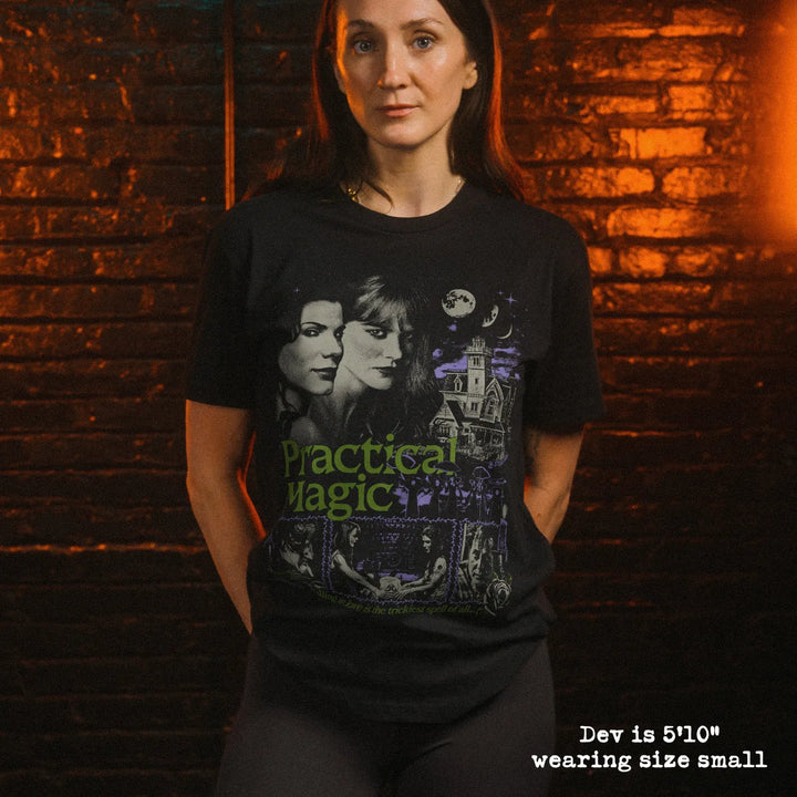 model wear soft premium tee with practical magic graphic
