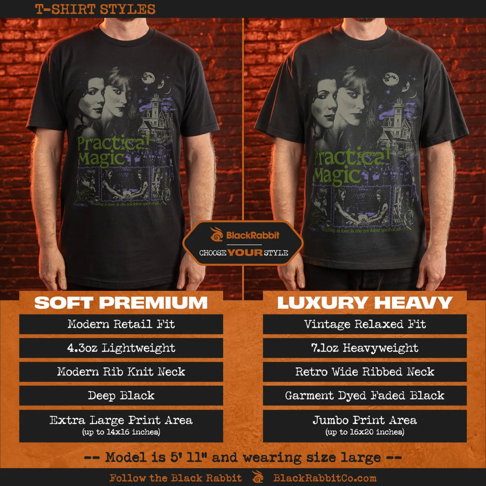 Two t-shirt styles with ’Practical Magic’ design.