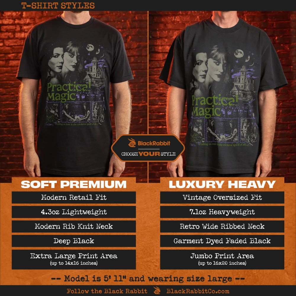 Two black ’Practical Magic’ t-shirts in different fits and weights.