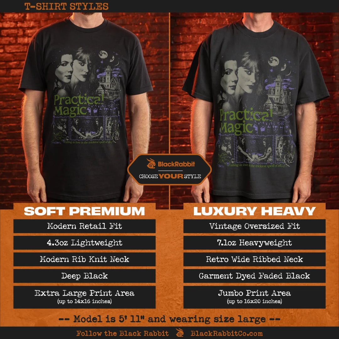 Two black ’Practical Magic’ t-shirts in different fits and weights.