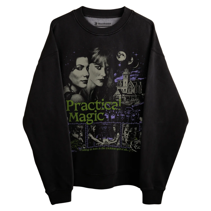 Black sweatshirt with practical magic graphic design featuring two sisters and a haunted house.