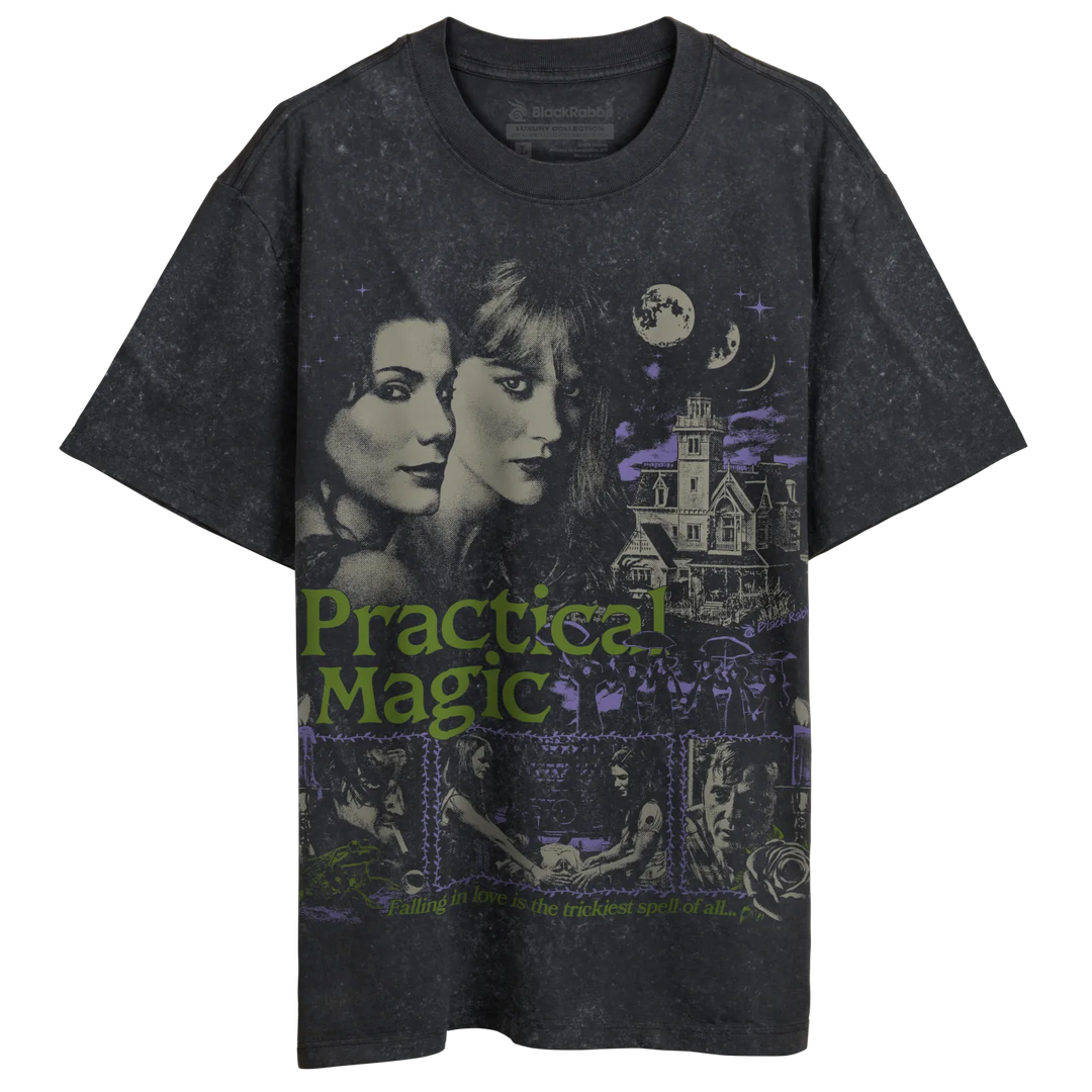 Dark gray graphic t-shirt featuring ’Practical Magic’ movie imagery.