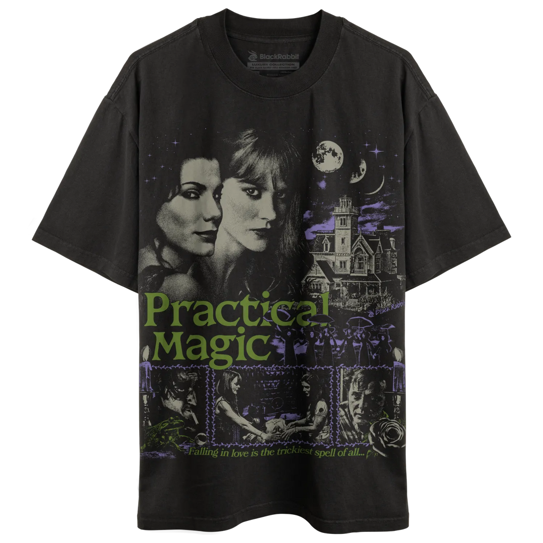 Dark grey graphic t-shirt featuring images from the movie ’Practical Magic.’