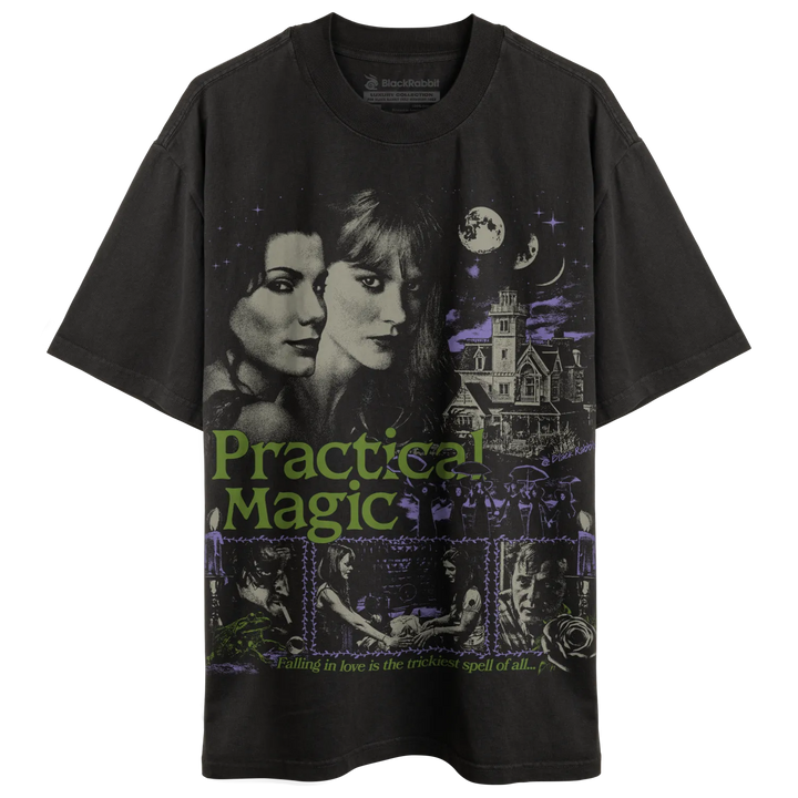 Dark grey graphic t-shirt featuring images from the movie ’Practical Magic.’
