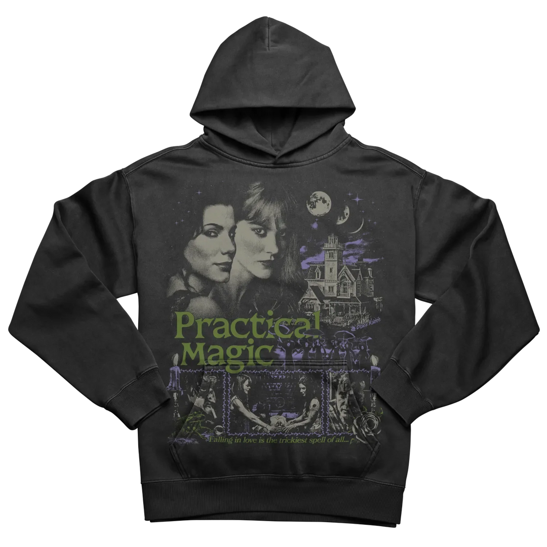 Black hoodie with a ’Practical Magic’ graphic print.
