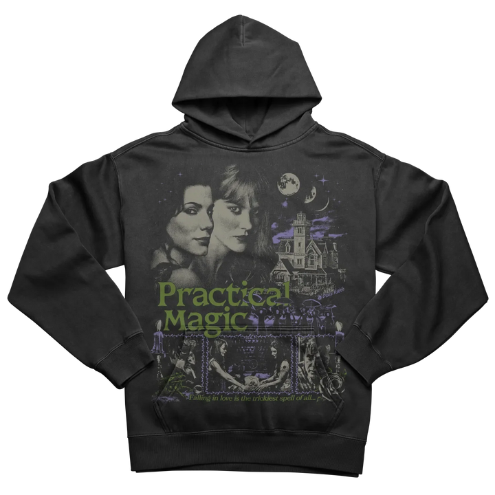 Black hoodie with a ’Practical Magic’ graphic print.