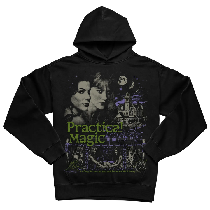 Black hoodie with practical magic design featuring two sisters and a haunted house.