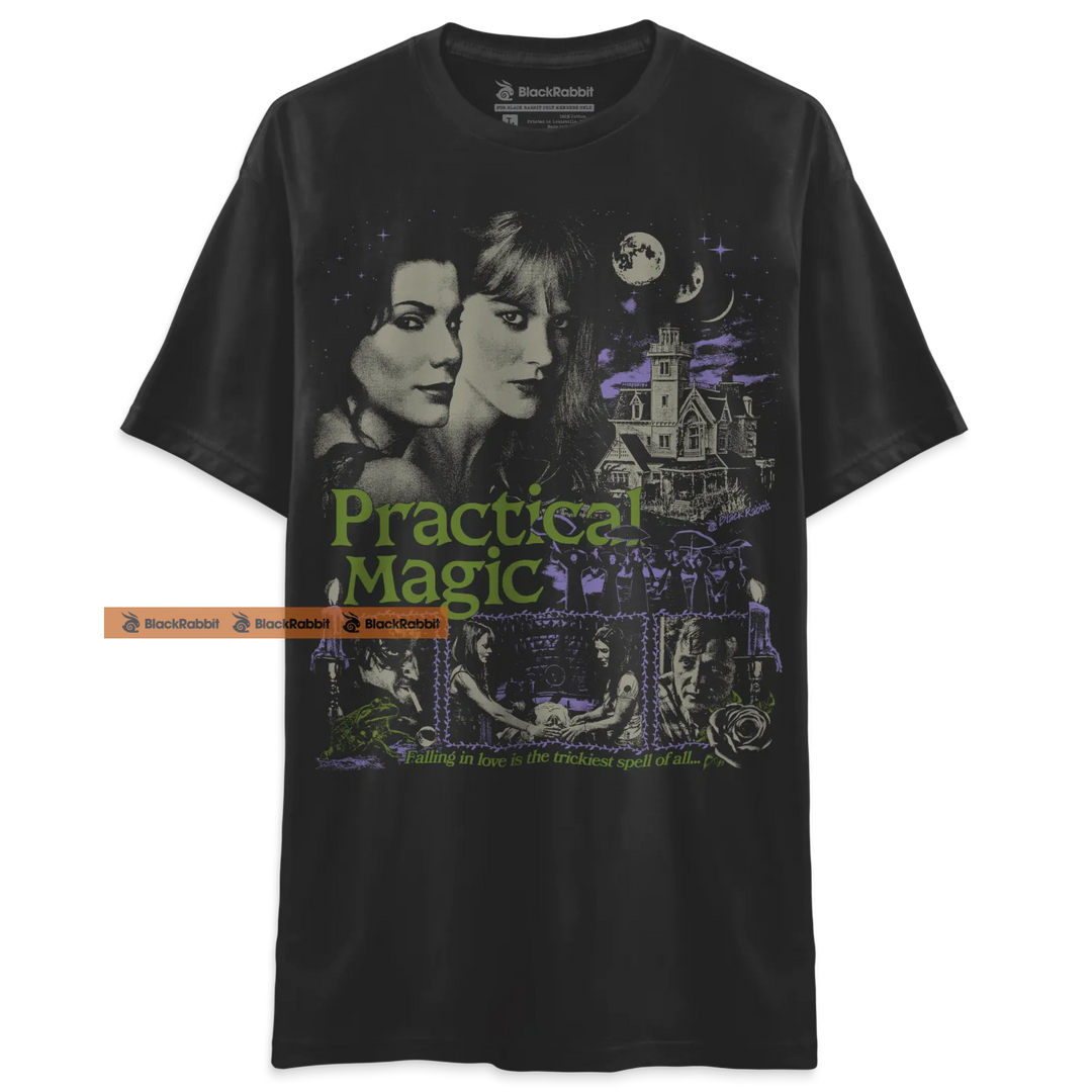 Black t-shirt with ’Practical Magic’ movie graphic.