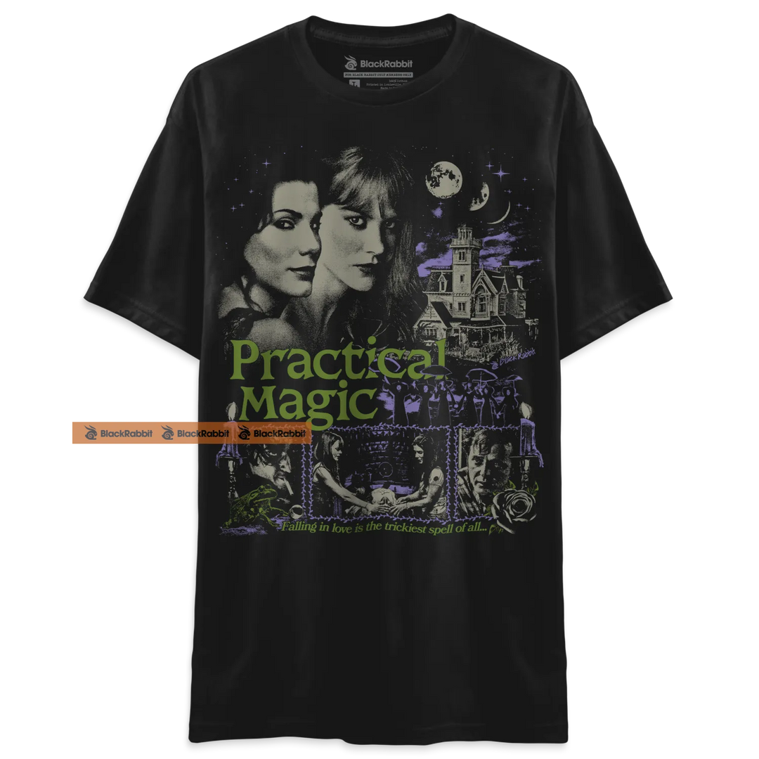 Black t-shirt with ’Practical Magic’ movie graphic.