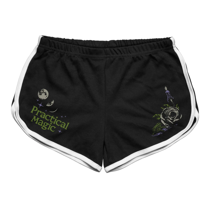Black rabbit practical magic women’s retro sport shorts with white trim elastic waistband and embroidered motifs