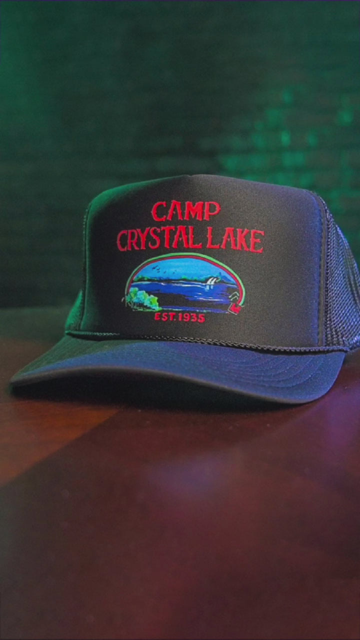 Black ’Camp Crystal Lake’ trucker hat. 