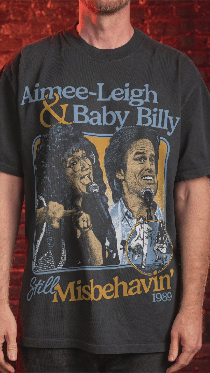 Video of male model wearing tee with misbehavin graphic
