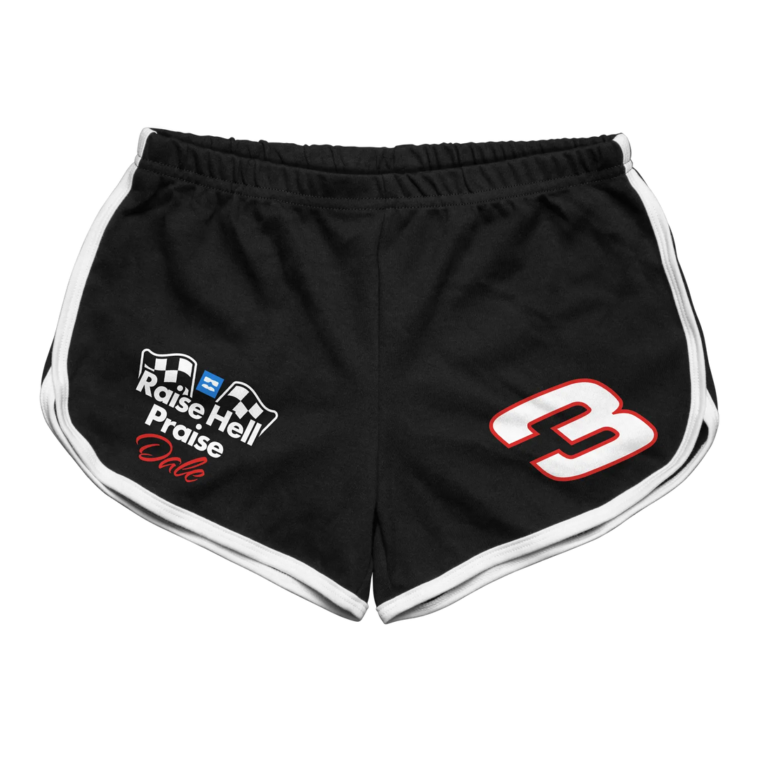 Black athletic shorts with white trim and a bold red number ’3’’ on the right leg, featuring a “raise hell praise dale” logo embroidered in white and red on the left thigh.