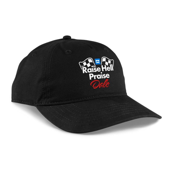 Black baseball cap featuring a white and red ’raise hell praise dale’ logo with checkered flag graphics.