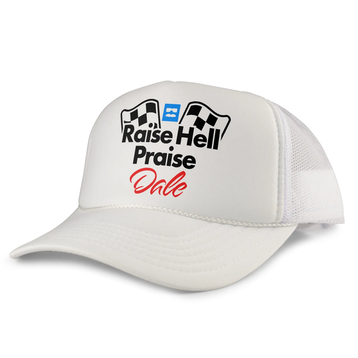 White trucker hat with black and red graphic reading ’raise hell praise dale’ flanked by checkered flags.