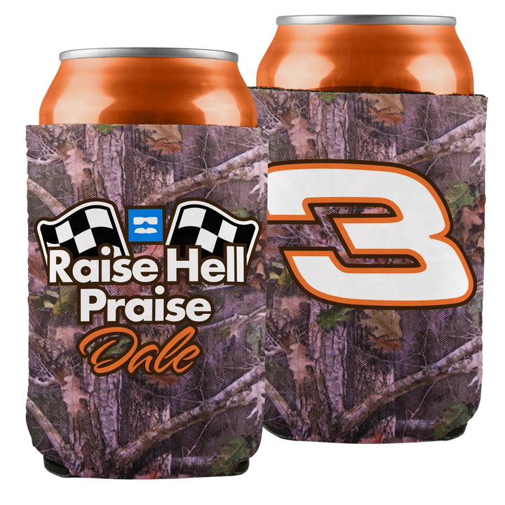 Mossy oak camouflage can cooler featuring a bold orange number three and ’raise hell praise dale’ text with checkered flag graphics.
