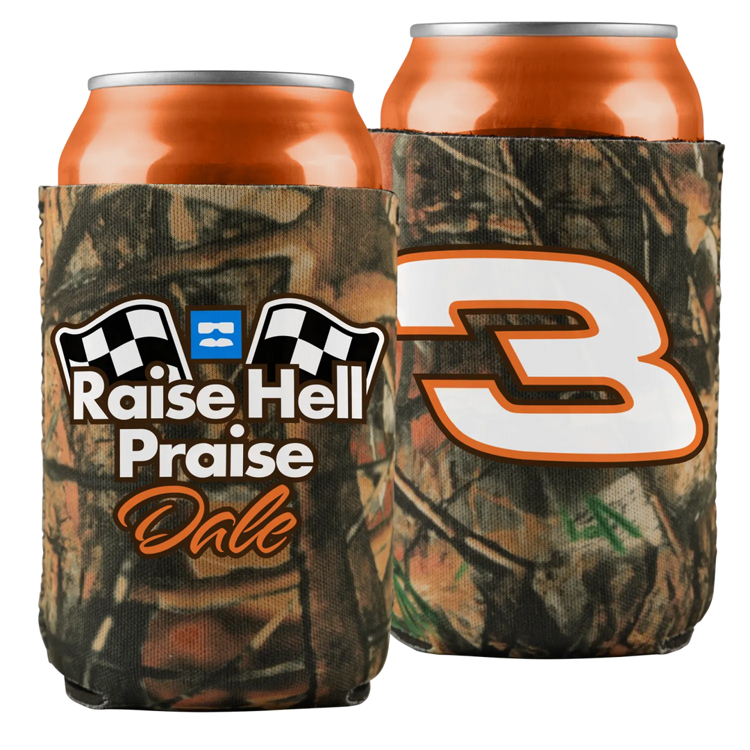 Two camouflage-patterned can koozies with orange cans.