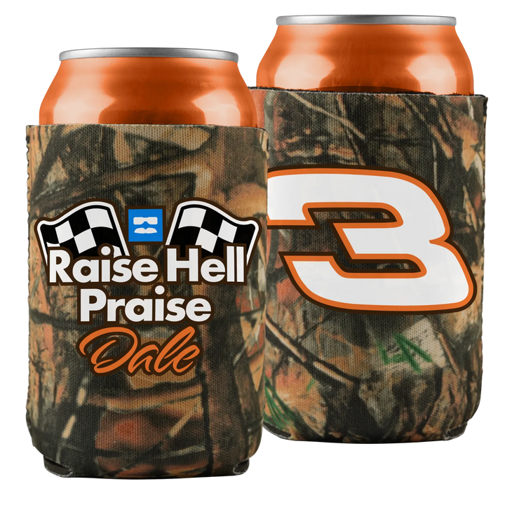 Two camouflage-patterned can koozies with orange cans.