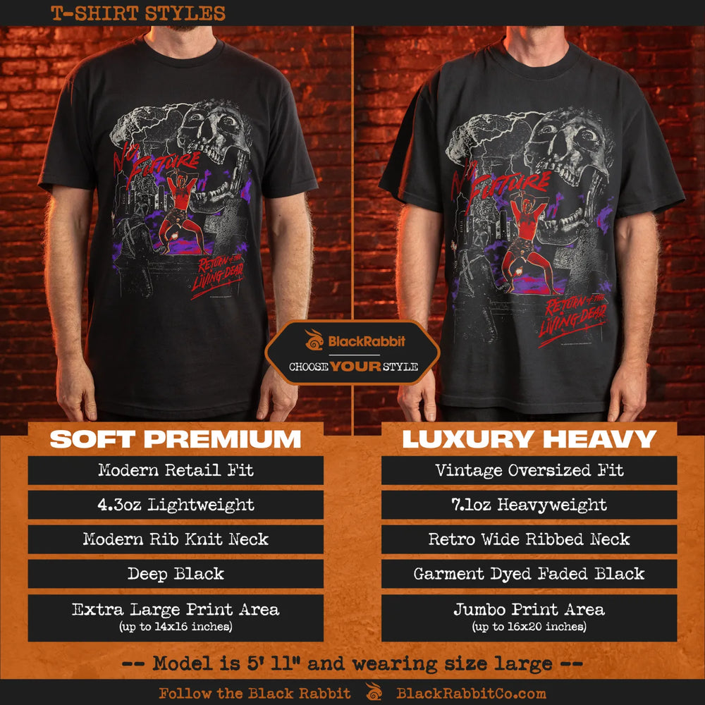 A comparison of two black graphic t-shirts, one a soft premium fit and the other a luxury heavy fit.