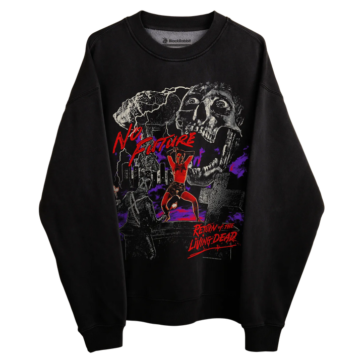 Black crewneck sweatshirt with graphic design of a zombie and the text ’return of the living dead’