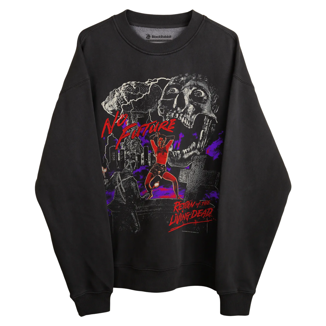 Black crewneck sweatshirt with graphic design of a zombie and the text ’rise of the living dead’ in red, purple, white, and yellow.