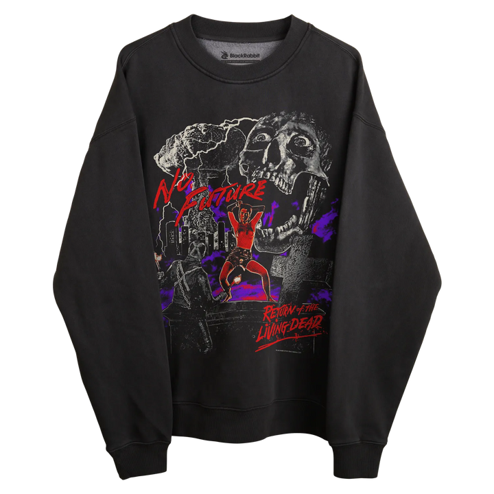 Black crewneck sweatshirt with graphic design of a zombie and the text ’rise of the living dead’ in red, purple, white, and yellow.