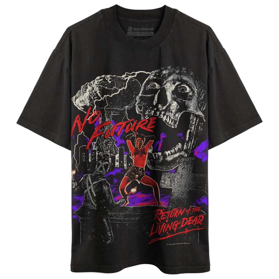 Black graphic tee with ’no excuses’ and ’return of the living dead’ text, featuring a skull design.