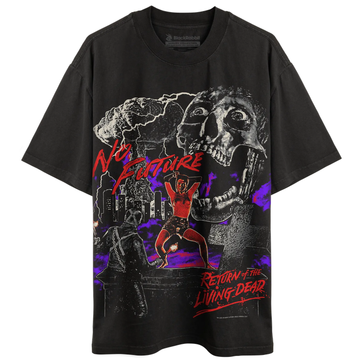 Black graphic tee with ’no excuses’ and ’return of the living dead’ text, featuring a skull design.