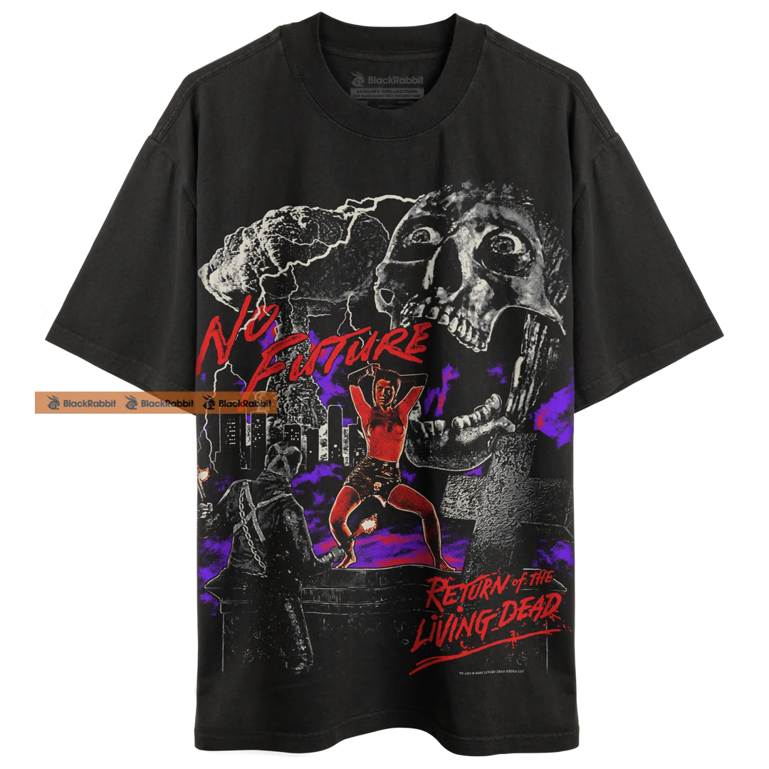 Black graphic t-shirt.