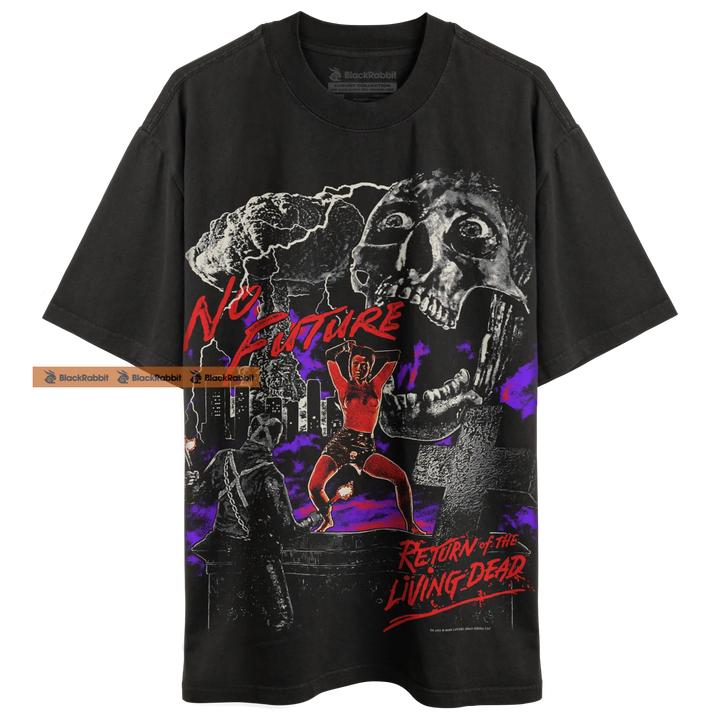 Black graphic t-shirt.