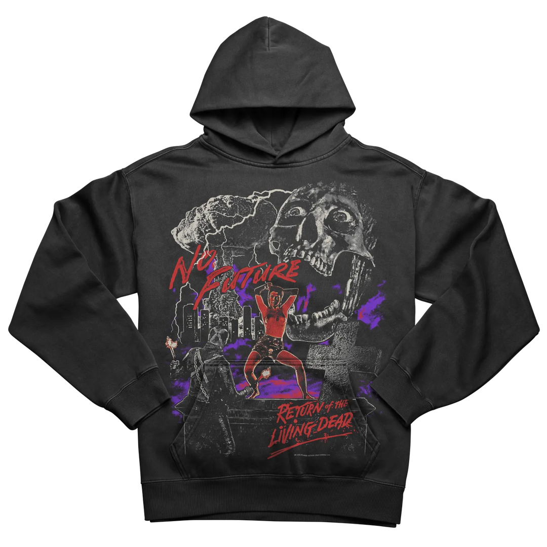 Black hoodie with graphic design of ’no more’ and ’return of the living dead’ text, featuring a zombie character.