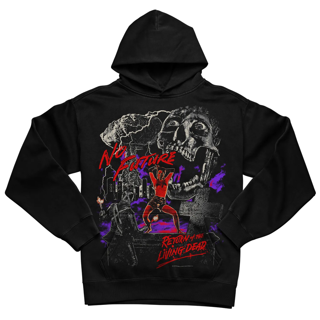 Black hoodie with graphic design of a zombie and the text ’no borders’ in red, white, purple, and yellow.