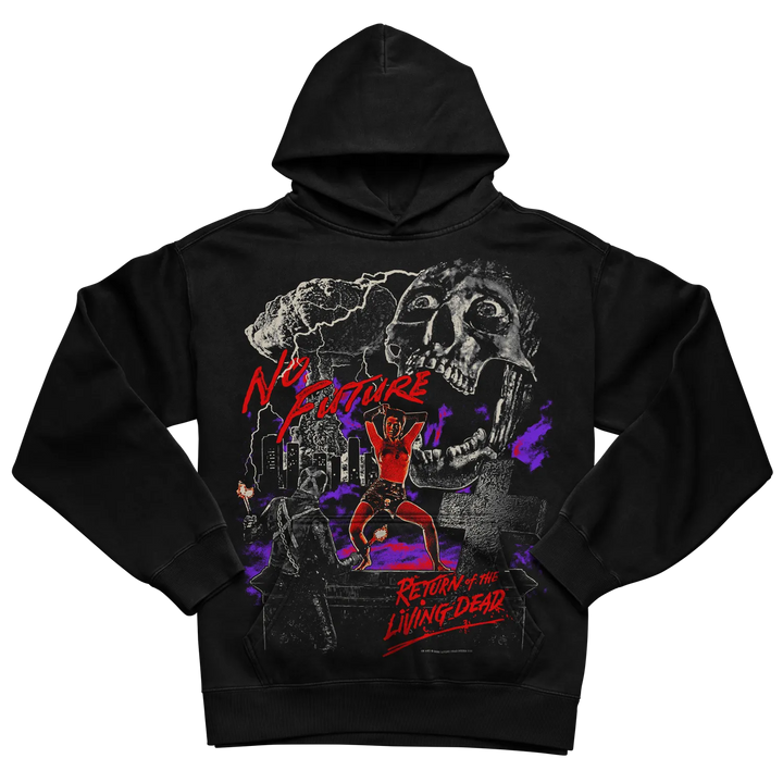 Black hoodie with graphic design of a zombie and the text ’no borders’ in red, white, purple, and yellow.