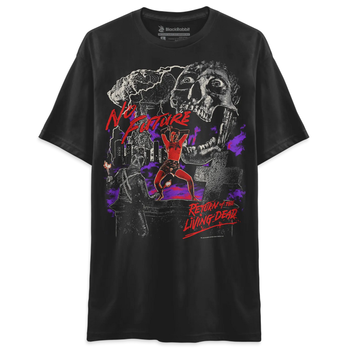 Black t-shirt with graphic design featuring zombie and skull elements, ’no retreat’ text in red, ’return of the living dead’ branding at bottom.