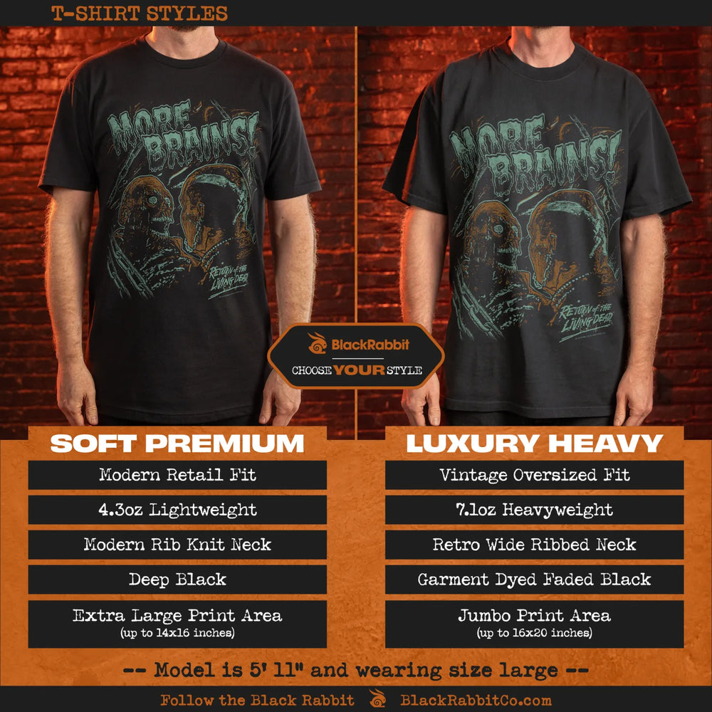 A comparison of two black t-shirt styles with a graphic design.