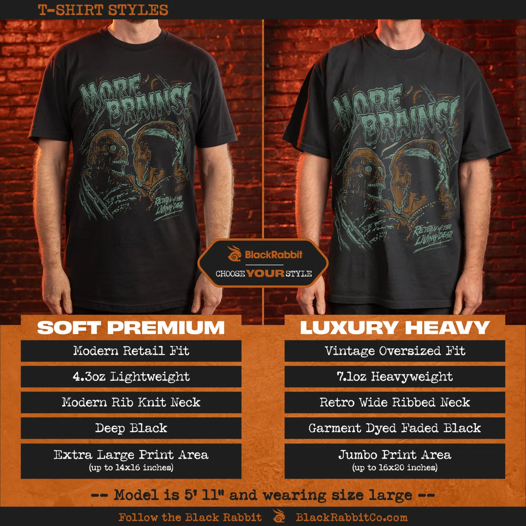A comparison of two black t-shirt styles with a graphic design.