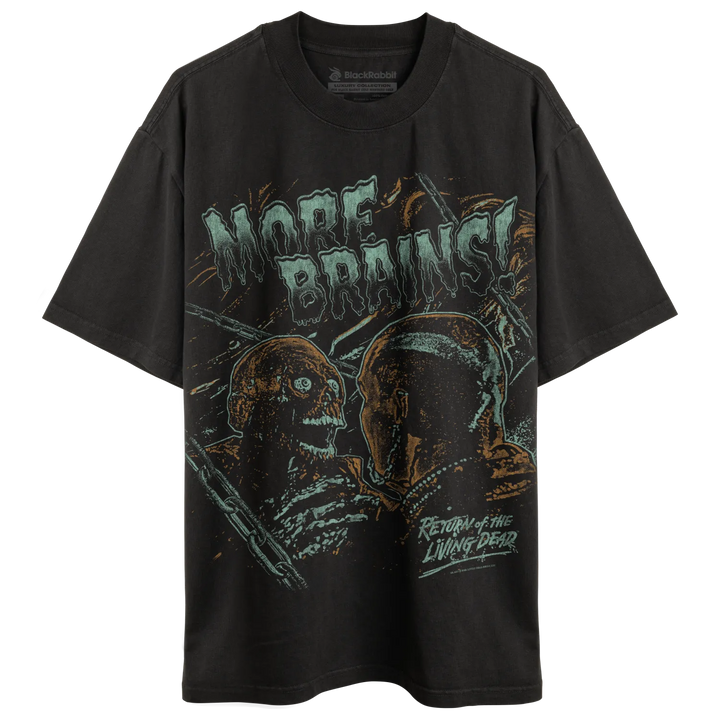 Black graphic tee with zombie design and ’more brains’ text, material unknown.