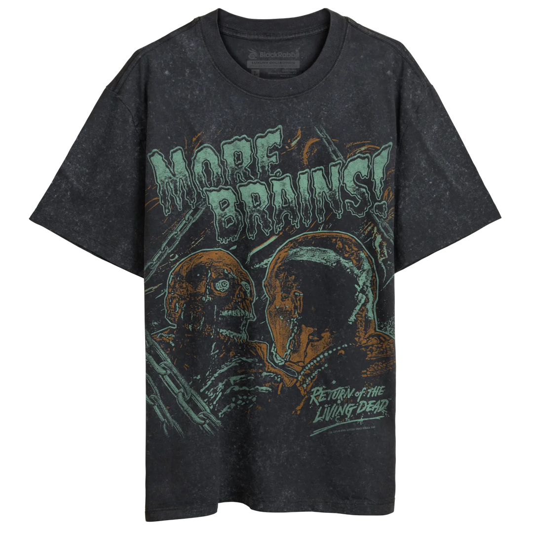 Charcoal gray t-shirt with distressed design and ’more brains’ text, featuring a zombie graphic.
