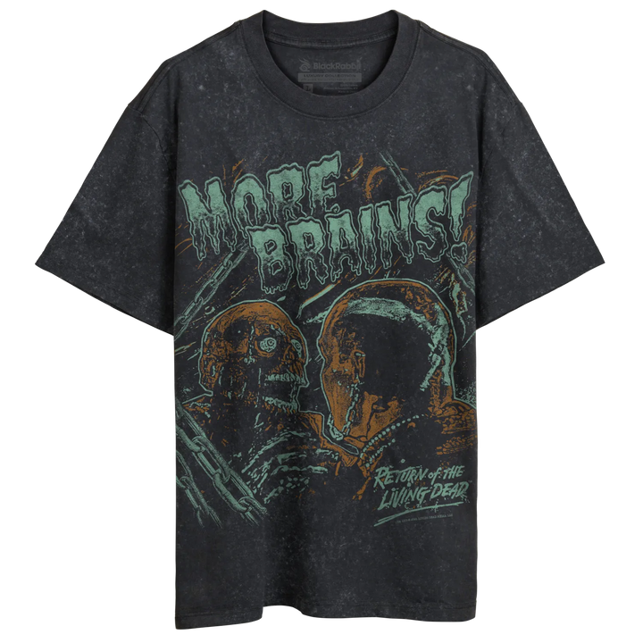 Charcoal gray t-shirt with distressed design and ’more brains’ text, featuring a zombie graphic.