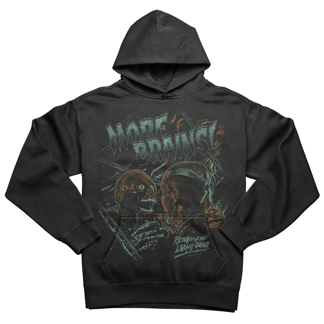 Black hoodie with graphic design featuring two figures and the text ’more bounce’ in green.