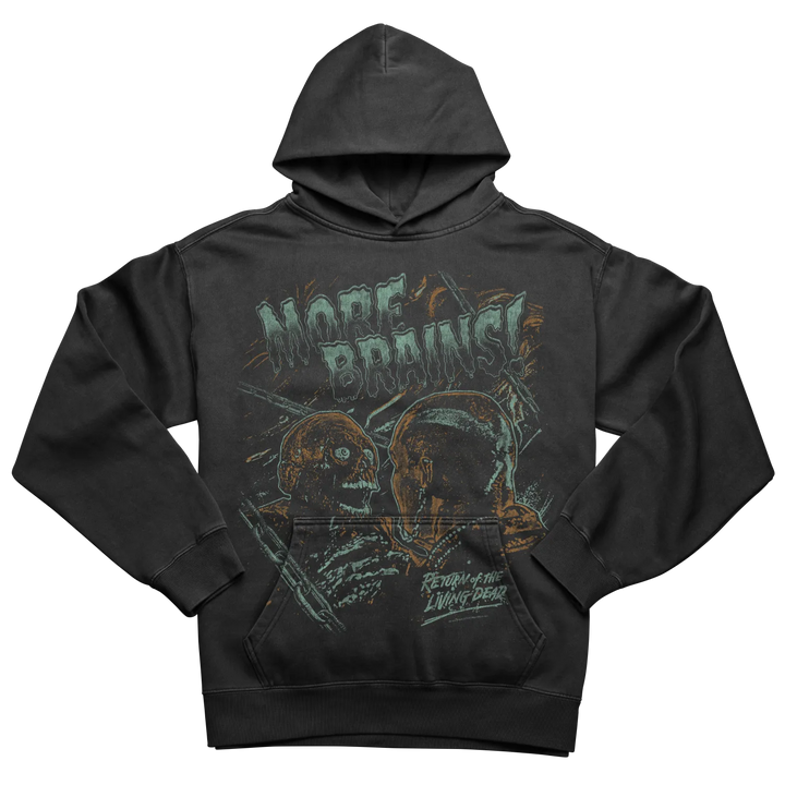 Black hoodie with graphic design featuring two figures and the text ’more bounce’ in green.