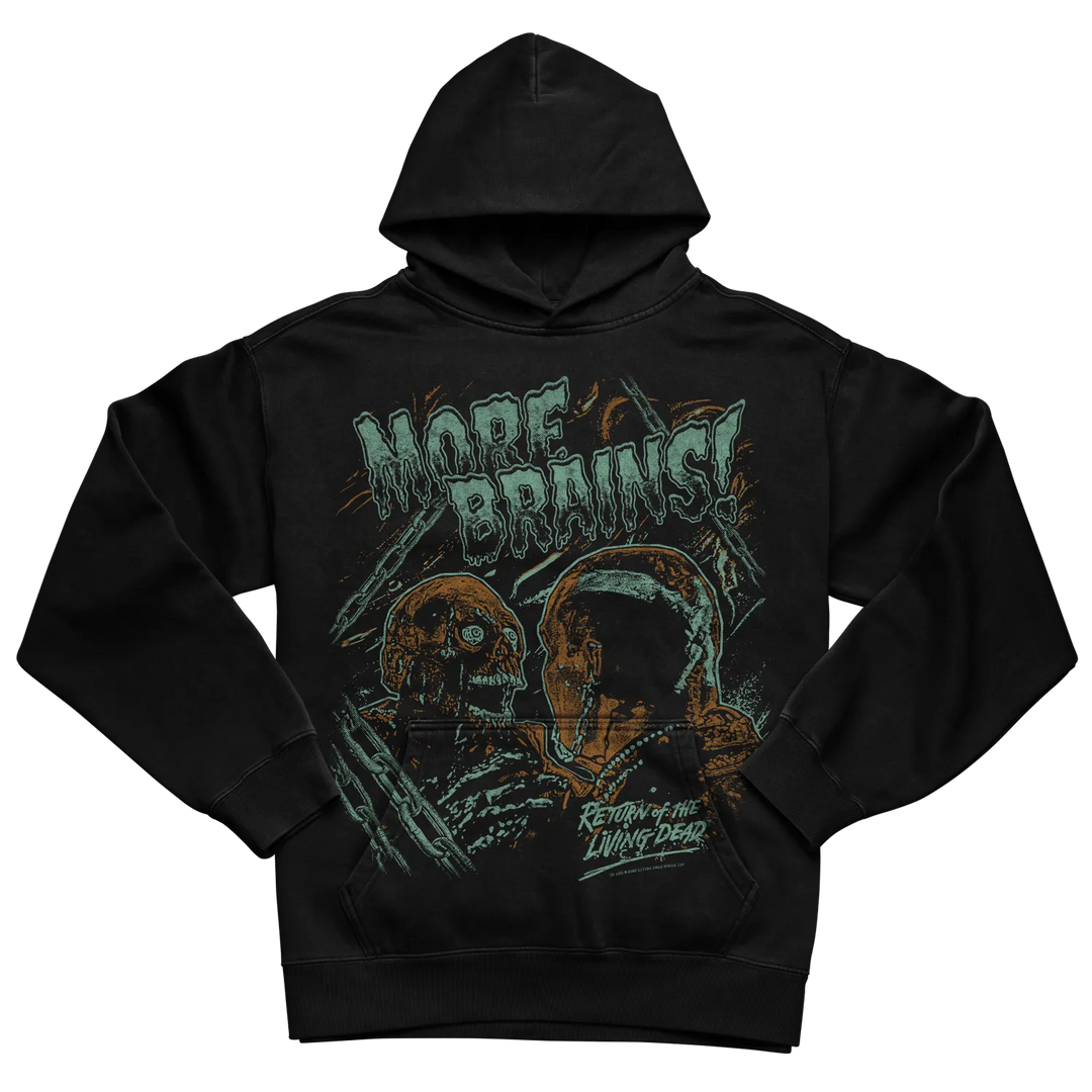 Black hoodie with ’more brains’ graphic and zombie design, likely from the walking dead series.