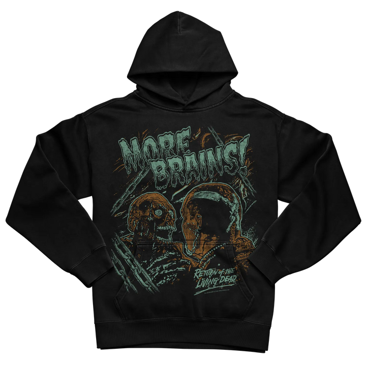Black hoodie with ’more brains’ graphic and zombie design, likely from the walking dead series.