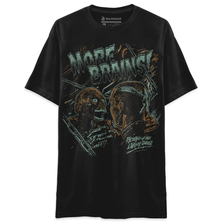 Black t-shirt with graphic design of zombie heads and the text ’more brains’ in white, green, yellow, red, blue, and orange.