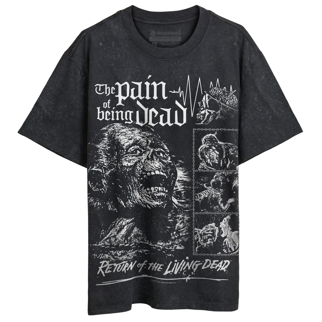 A black stone-wash graphic t-shirt featuring white printed artwork and text 'The Pain of Being Dead'