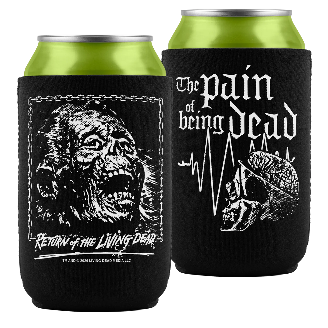 Black neoprene return of the living dead insulated can cooler with white resurrection cemetery horror movie marathon design
