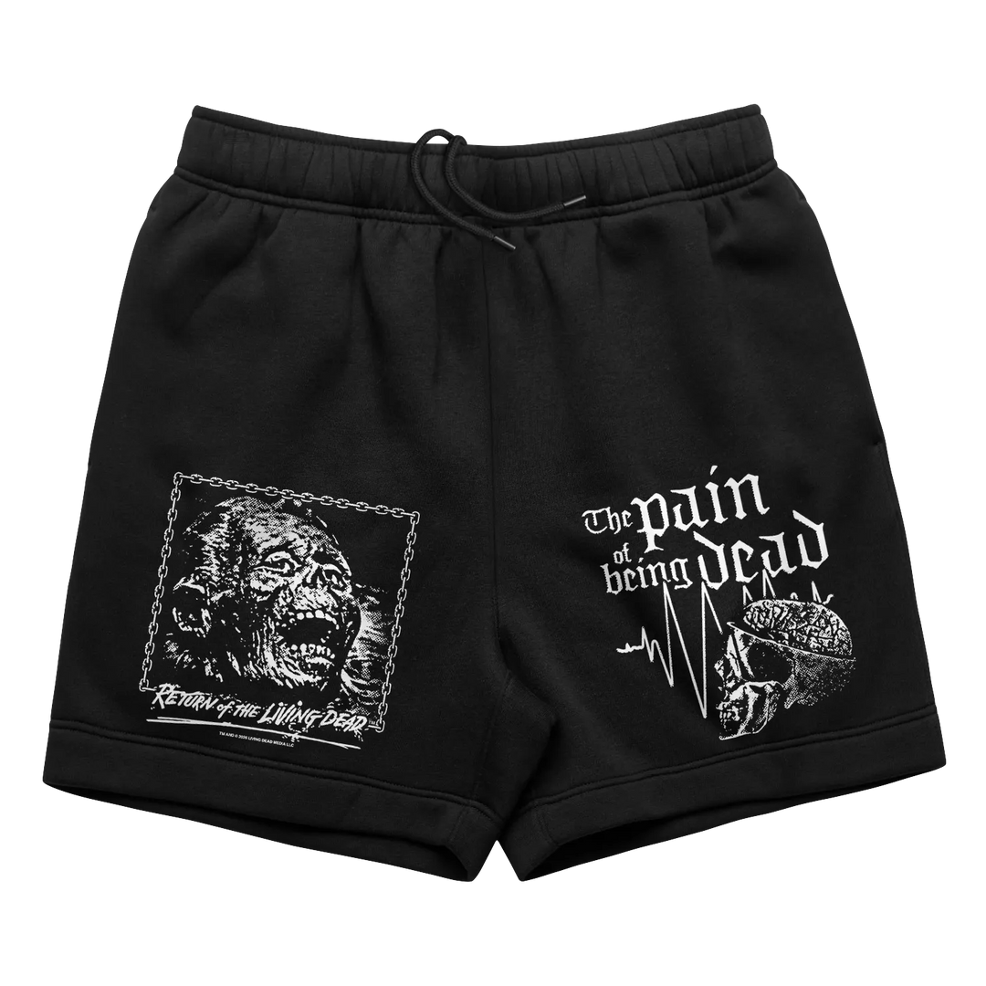 Black sweat shorts with white zombie and skull prints featuring return of the living dead 40th anniversary design from the living dead collection